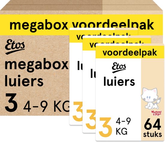 Etos Woezel Pip - Luiers Maat 3 4-9 kg - Maandbox 192 stuks 3 x 64 stuks - Etos