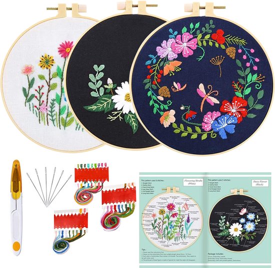 Happy Goods Kit de broderie Fleurs et Vogels - Ensemble de 3 broderies - Tissu à broder et Aiguilles à broder à broder - Sets de broderie de point de croix Adultes - Hobby et Adultes créatifs