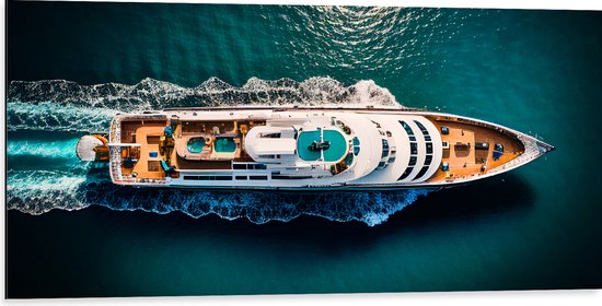Dibond - Bovenaanzicht van Varend Cruiseschip - 100x50 cm Foto op Aluminium (Met Ophangsysteem)