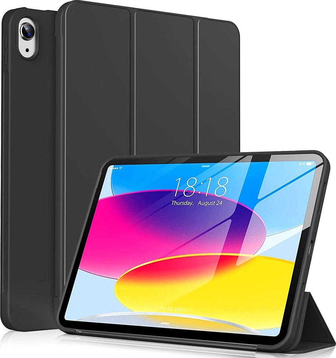 Casemania Hoes Geschikt voor Apple iPad 2022 (10.9 inch 10e Generatie - 10th Gen) Zwart - Tri Fold Tablet Case - Smart Cover