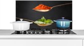 Spatscherm keuken 90x45 cm - Kookplaat achterwand Kruiden - Lepel - Specerijen - Zwart - Italiaans - Muurbeschermer - Spatwand fornuis - Hoogwaardig aluminium