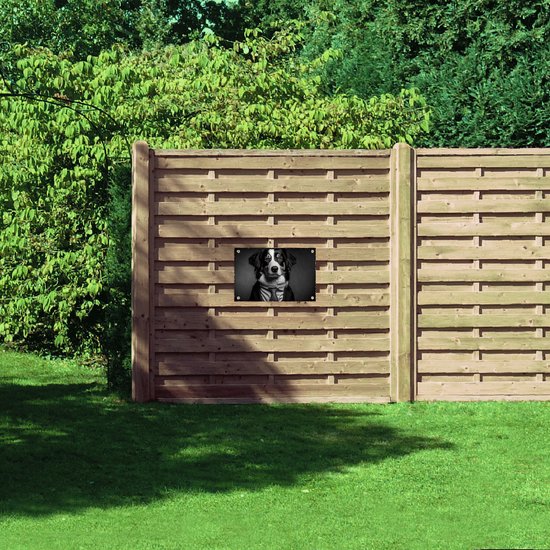Tuinposter – Berner Sennen Hond in Zakelijk Pak met Stropdas (Zwart- wit) - 60x40 cm Foto op Tuinposter (wanddecoratie voor buiten en binnen)