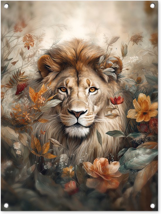 Tableau jardin Lion - Animaux sauvages - Plantes - Nature - Fleurs - 60x80  cm - Poster