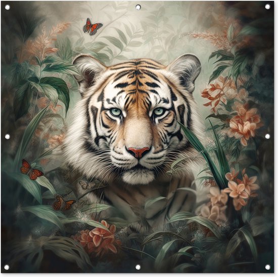 Tuindoek Tijger - Vlinders - Dieren - Jungle - Bloemen - 100x100 cm