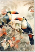 Muurdecoratie Toekan - Vogels - Bloemen - Tak - 120x180 cm - Tuinposter - Tuindoek - Buitenposter