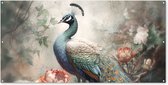 Schuttingposter Pauw - Pauwenveren - Vogel - Jungle - Bloemen - 200x100 cm - Tuindoek