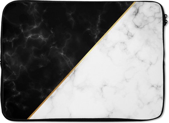 Laptophoes 13 inch - Marmer print - Wit - Zwart - Goud - Laptop sleeve - Binnenmaat 32x22,5 cm - Zwarte achterkant