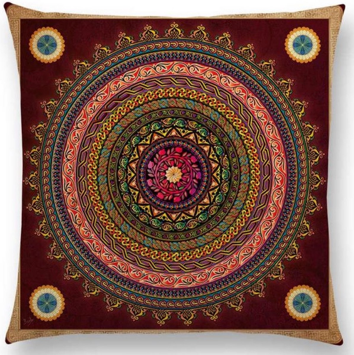 Mandala kussenhoes 45x45 cm - Fluweelzacht - DUBBELZIJDIG BEDRUKT - Bordeaurood/roze