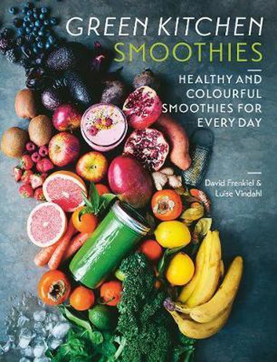 Boekomslag 'Green Kitchen Smoothies' met diverse kleurrijke fruitsoorten en groenten.