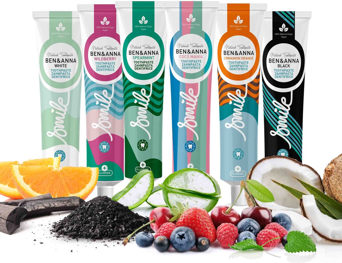 BEN&ANNA - Toothpaste Smile with Fluoride - Wildberry - Cinnamon Orange - White - Coco Mania - Spearmint en Black - 75ml - 6 Pak - Voordeelverpakking