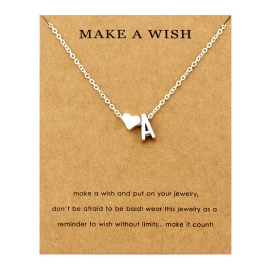 Initiaal Ketting met Letter A Zilverkleurig - Met letter & Hartje! - Naam Ketting Cadeau - Geluksketting op Kaartje - Pax Amare