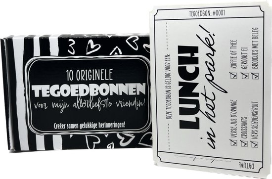 Zwarte doos met witte strepen en hartjes. Bovenop '10 ORIGINELE TEGOEDBONNEN'. Naast een 'LUNCH in het park' tegoedbon.