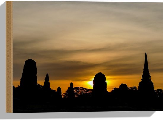 Hout - Silhouet van Boeddhistiche Tempels tijdens Zonsondergang - 40x30 cm - 9 mm dik - Foto op Hout (Met Ophangsysteem)