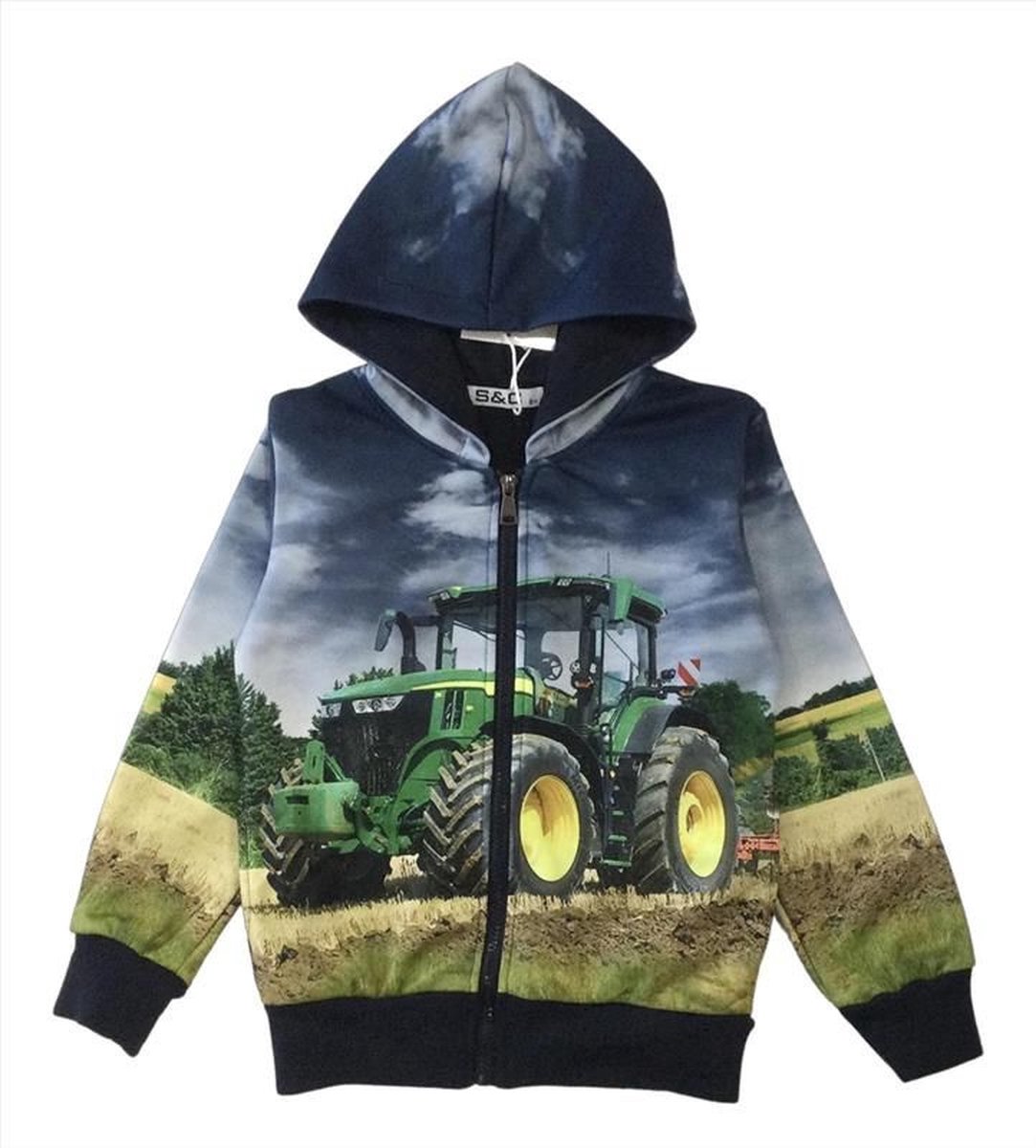 Kinder vest met tractor trekker John Deere full color print Capuchon Kleur blauw bol