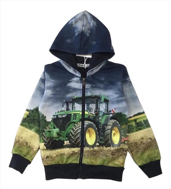 Kinder vest met tractor trekker John Deere full color print | Capuchon | Kleur blauw | Maat 92 | Supermooi!