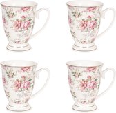 HAES DECO - Mug set de 4 - dim. 11x8x10 cm / 300 ml - coloris Rose / Wit / Vert - Imprimé de Fleurs - Collection : Mug - Mug set, Coffee mug, Coffee cup