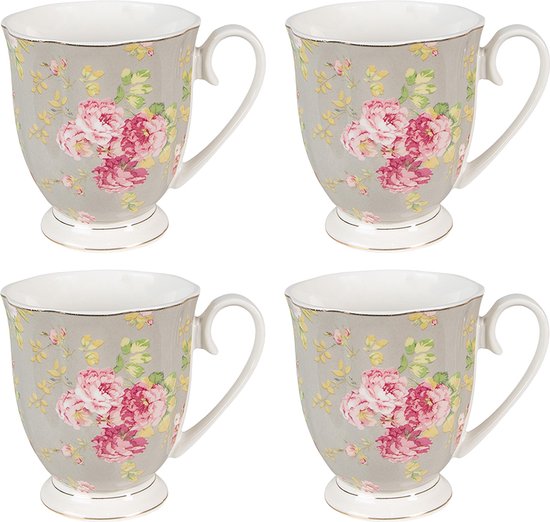 HAES DECO - Mokken set van 4 - formaat 11x8x10 cm / 290 ml - kleuren Groen / Roze / Wit - Bedrukt met Bloemen - Collectie: Soulful Wildflower - Mokkenset, Koffiemok, Koffiebeker