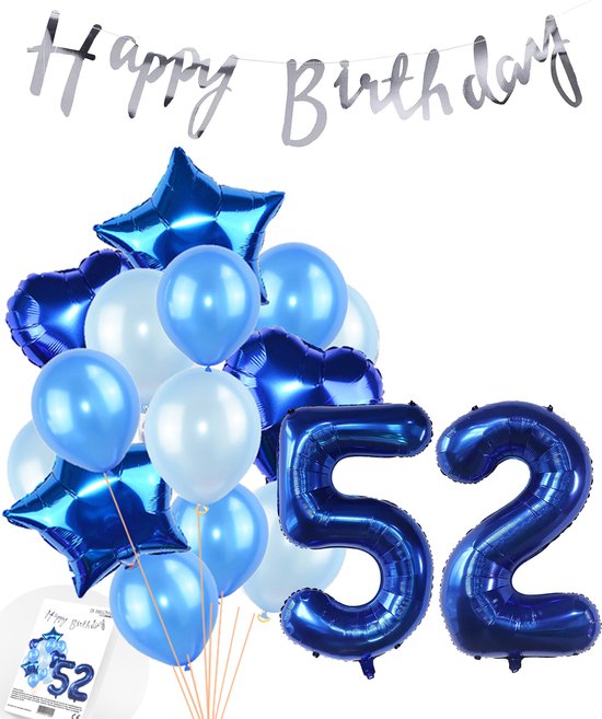 Snoes Ballonnen 52 Jaar Feestpakket – Versiering – Verjaardag Set Mason Blauw Cijferballon 52 Jaar - Heliumballon