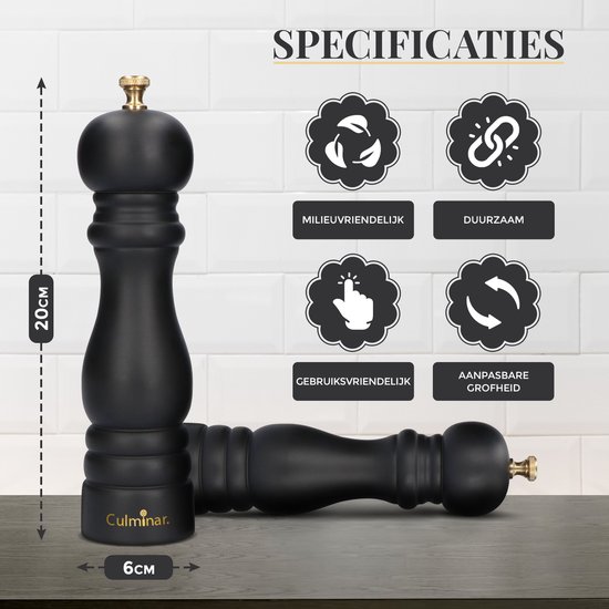 Ensemble Moulin Poivre et Sel Culminar - Hévéa & Céramique - Moulin Poivre et Sel - Grains Ajustables - Longueur 20 CM