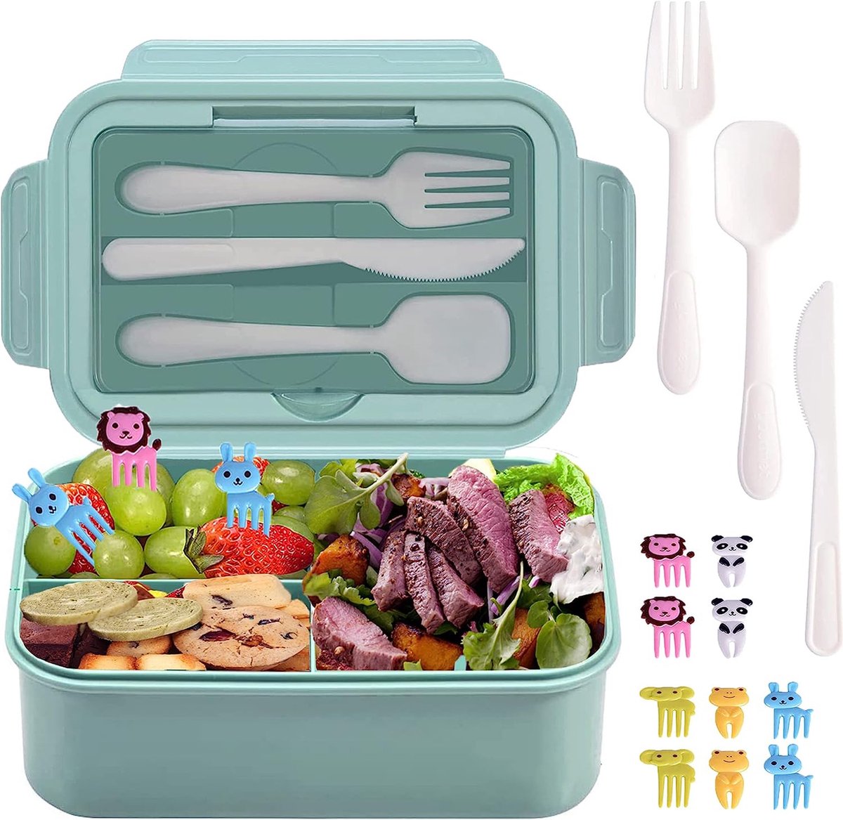 Jortine Lunchbox voor volwassenen en kinderen, met vakken, bento box, lunchbox met onderverdeling, broodtrommel met bestek, lekvrij, BPA-vrij, magnetronbestendig voor kleuterschool, picknick