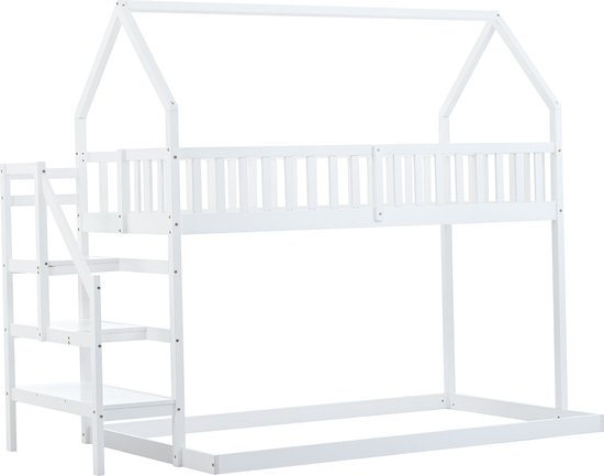 Lit cabane enfant 90x200cm - avec escalier d'angle, fenêtres, sommier à  lattes en pin, clôture, lits superposés, pour 2 personnes - Blanc