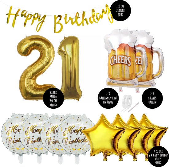21 Jaar Verjaardag Cijfer ballon Mannen Bier - Feestpakket Snoes Ballonnen Cheers & Beers - Herman