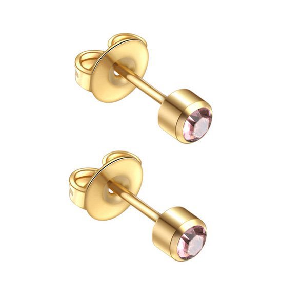 Caflon 4mm 24K gold plated oorknopjes voor oorschieter hypoallergeen steriel verpakt goudkleurig met alexandriet roze steen geboortesteen juni