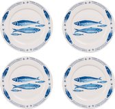 HAES DECO - Dinerborden set van 4 - Formaat Ø 26x2 cm - Kleur Wit - Bedrukt Porselein - Collectie: Fishy Blue - Servies, grote borden