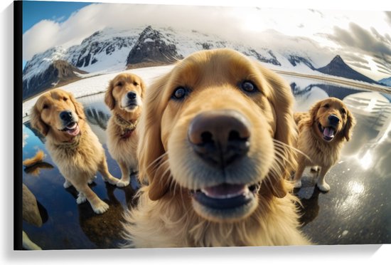 Canvas - Selfie van Groep Golden Retriever Honden in IJslandschap - 90x60 cm Foto op Canvas Schilderij (Wanddecoratie op Canvas)