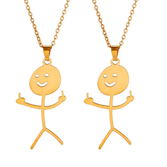 BFF Ketting voor 2 met Middelvinger poppetje Goudkleurig - Vriendschapsketting Cadeau - Pax Amare