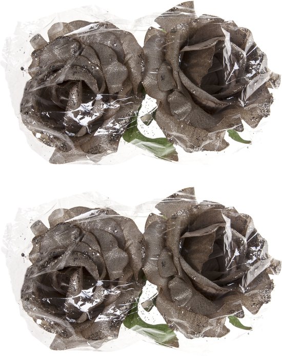 4x stuks decoratie bloemen roos zilver glitter op clip 10 cm - Decoratiebloemen/kerstboomversiering/kerstversiering