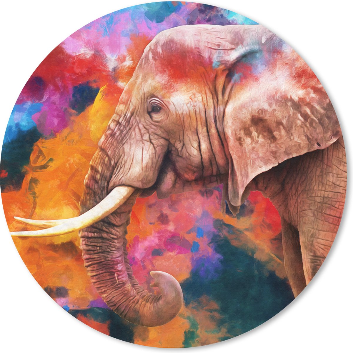 Muismat rond 50x50 cm - Mousepad Schilderij - Olieverf - Regenboog - Olifant - Ronde muismatten