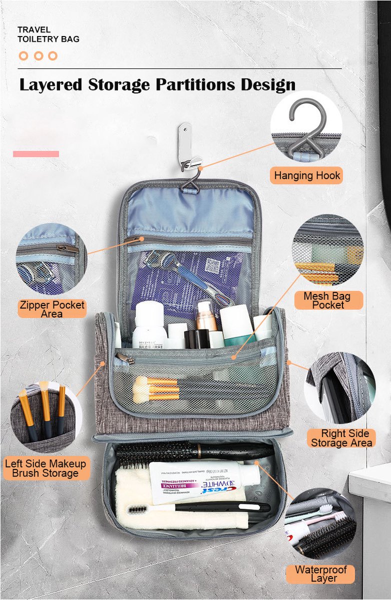 Trousse De Voyage Noire Avec Crochet Et Poignée – Pratique Et Suspendable