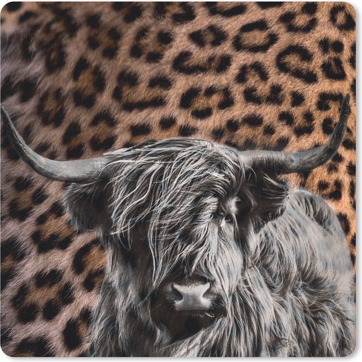 Muismat 30x30 cm - Mousepad Schotse hooglander - Koe - Panterprint - Muismatten