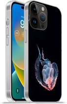 Geschikt voorApple Iphone 14 Pro - Softcase hoesje - Kwallen - Zeedieren - Zwart - Siliconen Telefoonhoesje