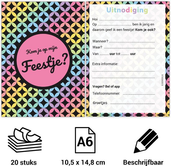 Uitnodiging kinderfeestje - Voordeelset 20 stuks - Beschrijfbaar - Uitnodigingskaarten - Uitnodiging verjaardag - uitnodiging verjaardag feest - Uitnodiging kinderfeestje Jongen of Meisje - Uitnodiging feestje - uitnodigingen - Disco