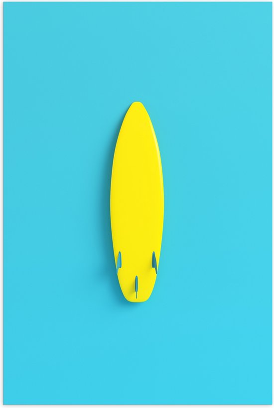 Poster Glanzend – Geel Surfboard tegen Felblauwe Achtergrond - 50x75 cm Foto op Posterpapier met Glanzende Afwerking