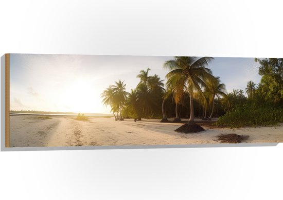 Hout - Felle Zonnestralen over het Strand en Palmbomen - 120x40 cm - 9 mm dik - Foto op Hout (Met Ophangsysteem)