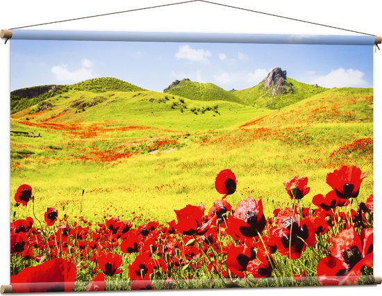 Textielposter - Groep Rode Bloemen in Heuvellandschap - 120x80 cm Foto op Textiel