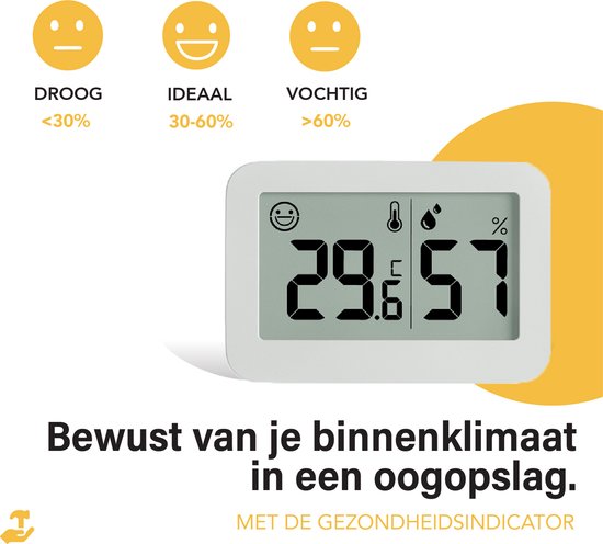 Digitale thermometer en hygrometer met smiley-indicator voor droog, ideaal, vochtig. Toont 29.5°C en 57% luchtvochtigheid.