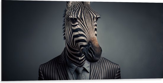 Dibond - Gestreepte Zebra in Gestreeot Zakelijk Pak met Stropdas - 100x50 cm Foto op Aluminium (Wanddecoratie van metaal)