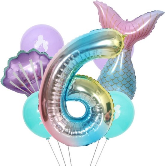 Mermaid Verjaardag Ballonnen - Verjaardag: 6 Jaar - 7st Ballonnen - Thema Feest Mermaid - Zeemeermin Kinderfeestje - Zeemeermin Verjaardag Decoratie