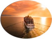 Dibond Ovaal - Wegvarend Cruiseschip naar de Zon bij de Horizon - 68x51 cm Foto op Ovaal (Met Ophangsysteem)