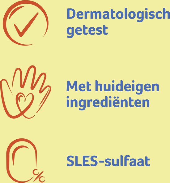 Drie iconen: 'Dermatologisch getest', 'Met huideigen ingrediënten' en 'SLES-sulfaat 0%'.