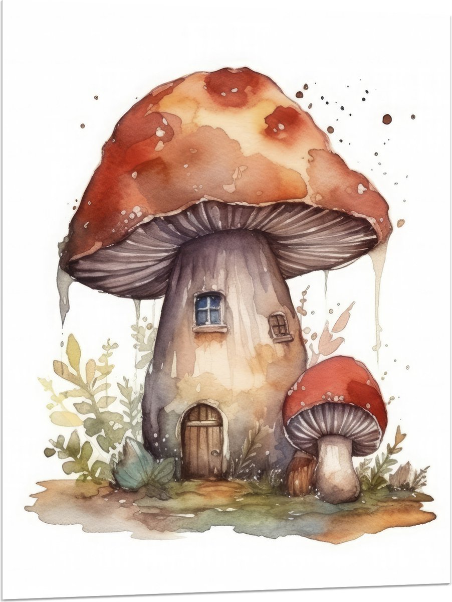 Acrylglas - Waterverf Tekening van Paddenstoelen Huisje - 75x100 cm Foto op Acrylglas (Wanddecoratie op Acrylaat)