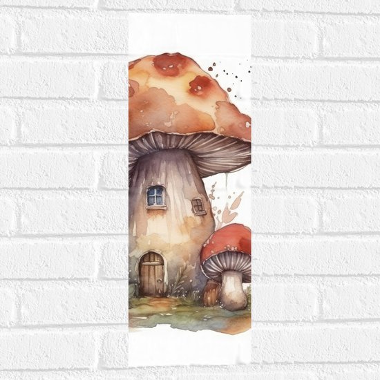 Muursticker - Waterverf Tekening van Paddenstoelen Huisje - 20x60 cm Foto op Muursticker