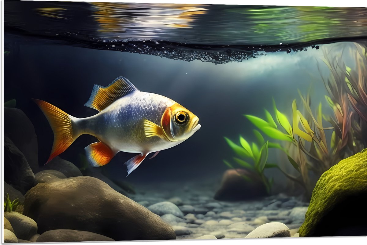 PVC Schuimplaat - Zilver met Oranjekleurige Vis Zwemmend in Aquarium - 90x60 cm Foto op PVC Schuimplaat (Met Ophangsysteem)