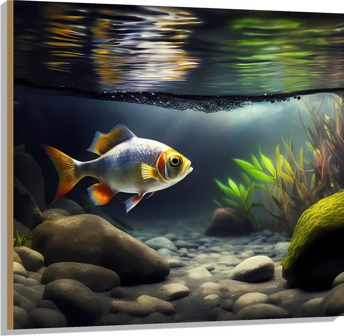Hout - Zilver met Oranjekleurige Vis Zwemmend in Aquarium - 100x100 cm - 9 mm dik - Foto op Hout (Met Ophangsysteem)