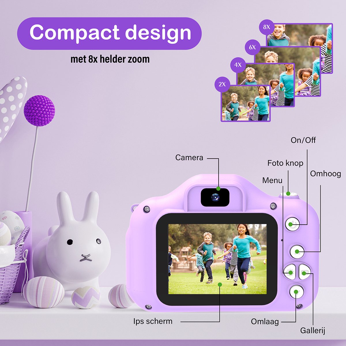 Ilona® Digitale Kindercamera HD 1080p inclusief stickervel - Speelgoedcamera - 32GB micro sd kaart - Fototoestel Voor Kinderen - Selfie Camera - Paars — afbeelding 6