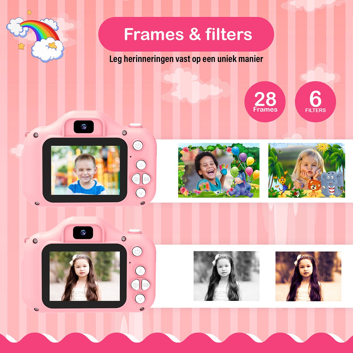 Ilona® Digitale Kindercamera HD 1080p inclusief stickervel - Speelgoedcamera - 32GB micro sd kaart - Fototoestel Voor Kinderen - Selfie Camera - Roze — afbeelding 5